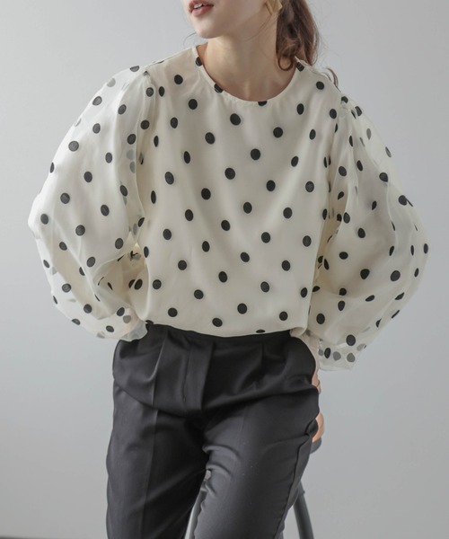 AMELY（エミリー）の「フロッキードット柄トップス（その他トップス・レディース・ブラック/ネイビー/オフホワイト・フリー）」の2枚目の写真