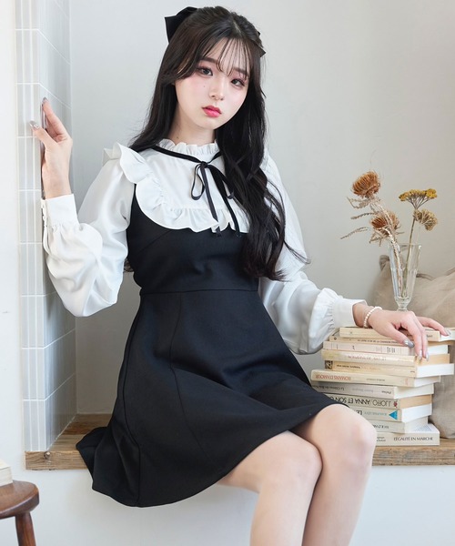 titty&Co.♡ピンクベージュ フリル付き長袖ミニワンピース TITTY&CO.（ティティーアンドコー）の「【TITTY&CO.】長袖