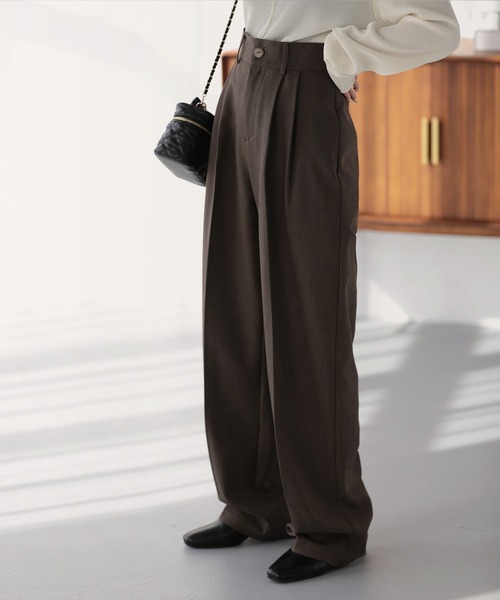 セール】ハイウエストウールライクカラータックスラックス（スラックス