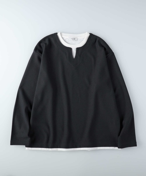 PLUS ONE（プラスワン）の「【PLUS ONE】長袖フェイクレイヤードクロスジャガードキーネック（Tシャツ/カットソー・メンズ・ダークグレー/ライトグレー/グリーン・S/M/L/XL）」の17枚目の写真