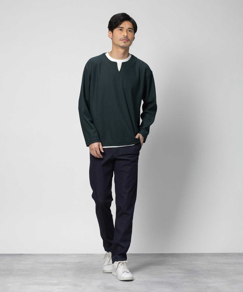 PLUS ONE（プラスワン）の「【PLUS ONE】長袖フェイクレイヤードクロスジャガードキーネック（Tシャツ/カットソー・メンズ・ダークグレー/ライトグレー/グリーン・S/M/L/XL）」の12枚目の写真