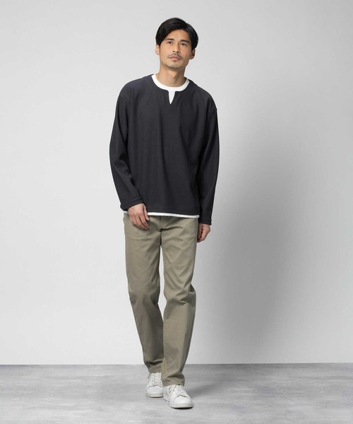 PLUS ONE（プラスワン）の「【PLUS ONE】長袖フェイクレイヤードクロスジャガードキーネック（Tシャツ/カットソー・メンズ・ダークグレー/ライトグレー/グリーン・S/M/L/XL）」の14枚目の写真