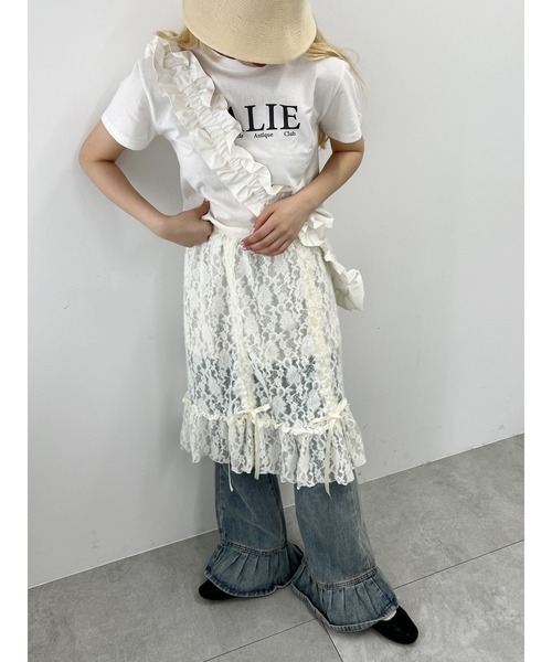 WC(ダブル シー)の「リボンドロストレースミドルスカート《長さ調節可能》(スカート・レディース・アイボリー/ブラック・FREE)」の3枚目の写真