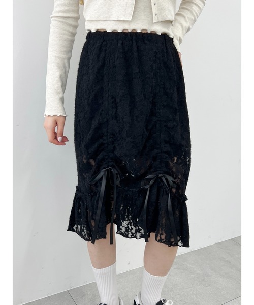 WC(ダブル シー)の「リボンドロストレースミドルスカート《長さ調節可能》(スカート・レディース・アイボリー/ブラック・FREE)」の11枚目の写真