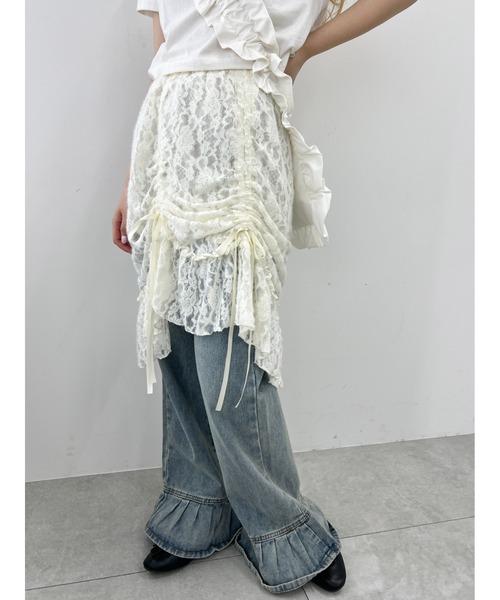 WC(ダブル シー)の「リボンドロストレースミドルスカート《長さ調節可能》(スカート・レディース・アイボリー/ブラック・FREE)」の4枚目の写真