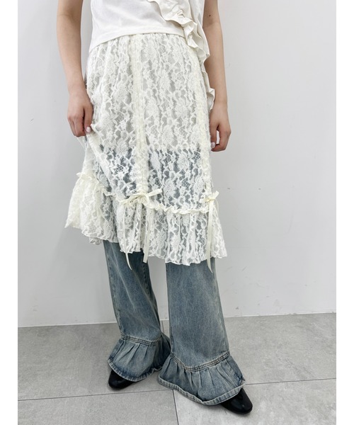 WC(ダブル シー)の「リボンドロストレースミドルスカート《長さ調節可能》(スカート・レディース・アイボリー/ブラック・FREE)」の7枚目の写真