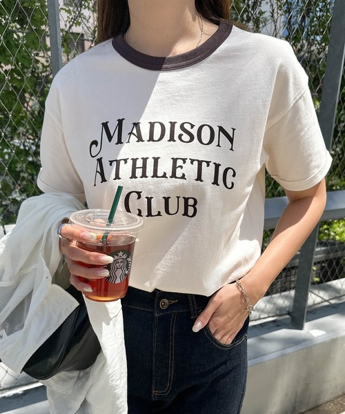 andme(アンドミー)の「アソートロゴプリント半袖リンガーTシャツ(Tシャツ/カットソー・レディース・ネイビー系/チャコールグレー/グリーン系/ネイビー・M)」の2枚目の写真