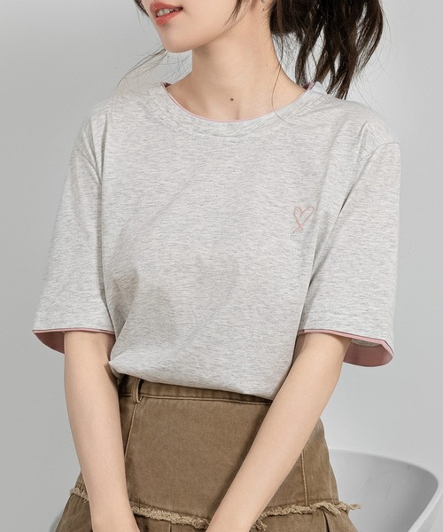 DAY CLOSET（デイ クローゼット）の「レディース 半袖レイヤード風ワンポイントハートロゴTシャツ（Tシャツ/カットソー・レディース・ブラック/ホワイト/チャコールグレー/杢グレー・FREE）」の4枚目の写真