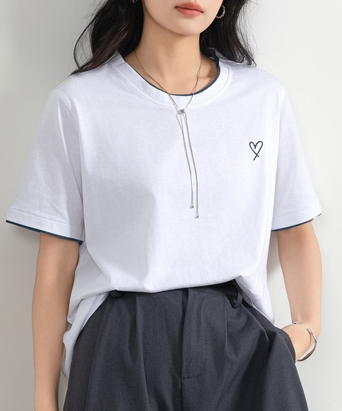 DAY CLOSET（デイ クローゼット）の「レディース 半袖レイヤード風ワンポイントハートロゴTシャツ（Tシャツ/カットソー・レディース・ブラック/ホワイト/チャコールグレー/杢グレー・FREE）」の2枚目の写真