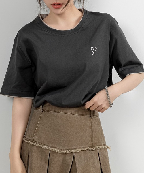 DAY CLOSET（デイ クローゼット）の「レディース 半袖レイヤード風ワンポイントハートロゴTシャツ（Tシャツ/カットソー・レディース・ブラック/ホワイト/チャコールグレー/杢グレー・FREE）」の16枚目の写真