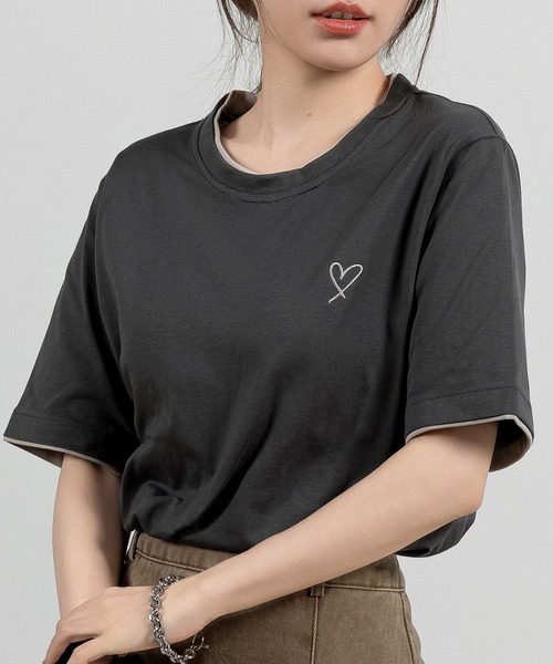 DAY CLOSET（デイ クローゼット）の「レディース 半袖レイヤード風ワンポイントハートロゴTシャツ（Tシャツ/カットソー・レディース・ブラック/ホワイト/チャコールグレー/杢グレー・FREE）」の17枚目の写真