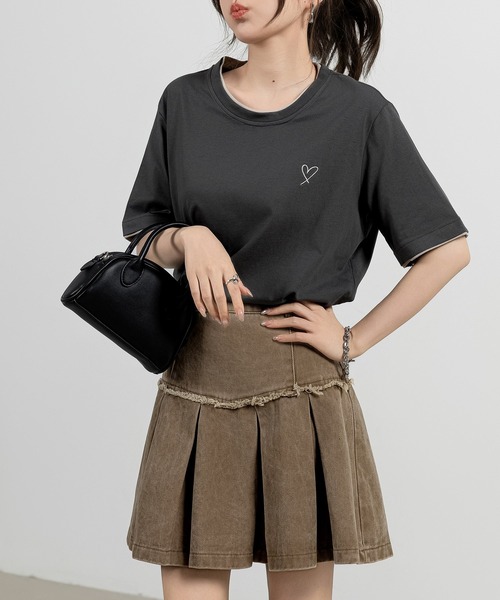 DAY CLOSET（デイ クローゼット）の「レディース 半袖レイヤード風ワンポイントハートロゴTシャツ（Tシャツ/カットソー・レディース・ブラック/ホワイト/チャコールグレー/杢グレー・FREE）」の14枚目の写真