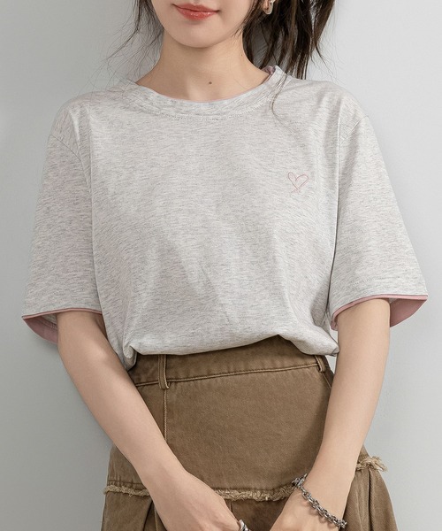 DAY CLOSET（デイ クローゼット）の「レディース 半袖レイヤード風ワンポイントハートロゴTシャツ（Tシャツ/カットソー・レディース・ブラック/ホワイト/チャコールグレー/杢グレー・FREE）」の12枚目の写真