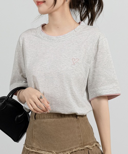 DAY CLOSET（デイ クローゼット）の「レディース 半袖レイヤード風ワンポイントハートロゴTシャツ（Tシャツ/カットソー・レディース・ブラック/ホワイト/チャコールグレー/杢グレー・FREE）」の11枚目の写真
