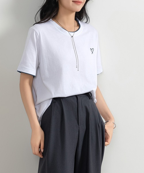 DAY CLOSET（デイ クローゼット）の「レディース 半袖レイヤード風ワンポイントハートロゴTシャツ（Tシャツ/カットソー・レディース・ブラック/ホワイト/チャコールグレー/杢グレー・FREE）」の5枚目の写真