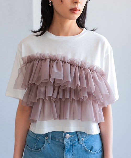 セール】ティアードチュールフリルクロップドTシャツ（Tシャツ