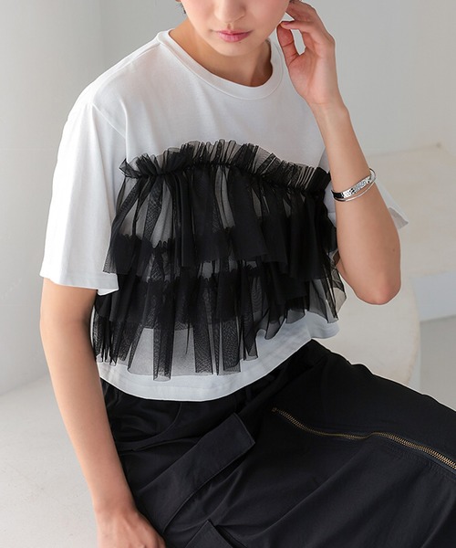 セール】ティアードチュールフリルクロップドTシャツ（Tシャツ