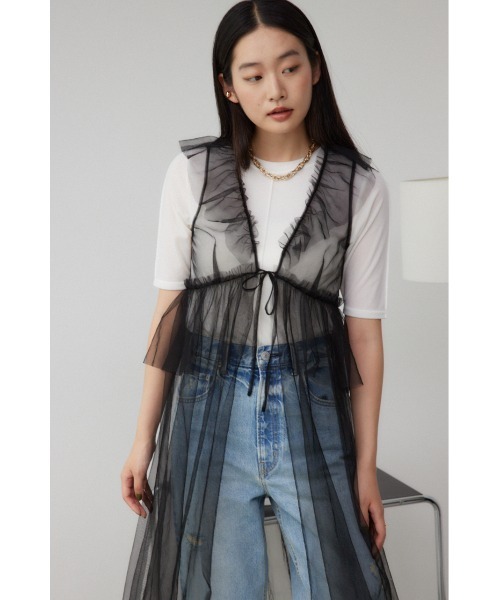 AZUL by moussy(アズールバイマウジー)の「デザインチュールビスチェ(タンクトップ・レディース・グレー/ブラック・FREE)」の3枚目の写真
