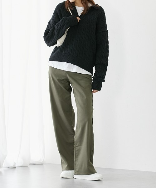 高身長 ストレッチ裏フリースセミワイドパンツ（股下80cm） 丈長め