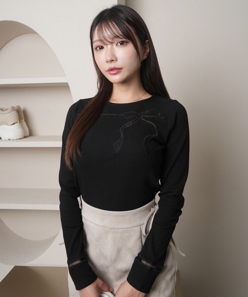 LIPSERVICE(リップサービス)の「シアーレースリボンカットトップス(Tシャツ/カットソー・レディース・ブラック/グレー/アイボリー・FREE)」の2枚目の写真