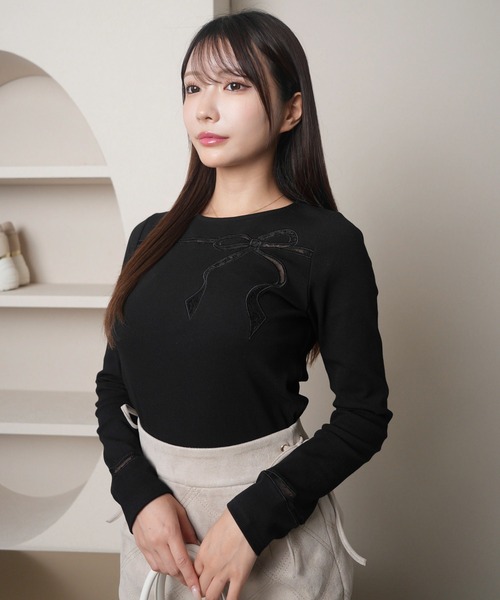 LIPSERVICE(リップサービス)の「シアーレースリボンカットトップス(Tシャツ/カットソー・レディース・ブラック/グレー/アイボリー・FREE)」の8枚目の写真