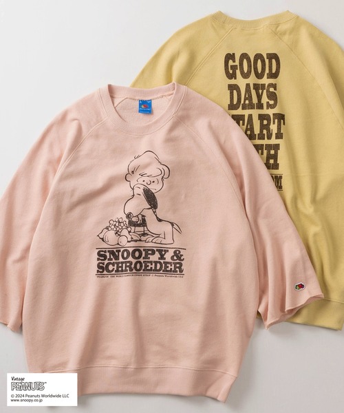 PEANUTS(ピーナッツ)の「【0】【Fruit of the Loom/フルーツオブザルーム】PEANUTSコラボ ヴィンテージイラストデザイン 7分袖プリントトレーナー /キャラクタースウェット/ 半端丈/ビッグシルエット/ ユニセックス(スウェット・レディース・ライトピンク/オフホワイト/イエロー/グリーン・S/M/L)」の4枚目の写真