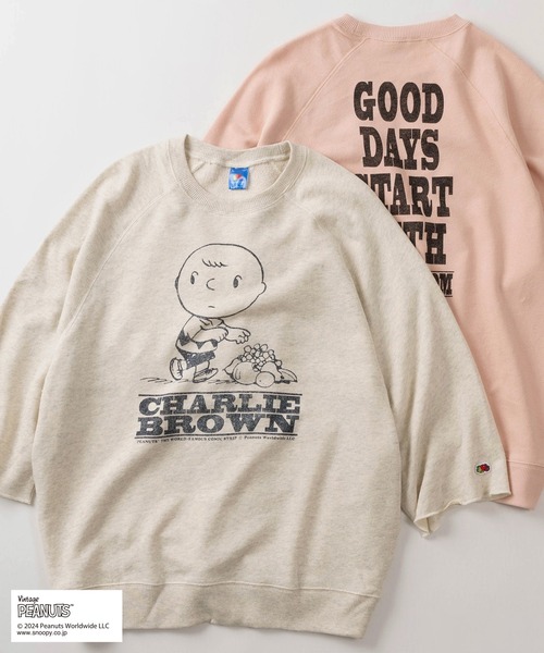 PEANUTS(ピーナッツ)の「【0】【Fruit of the Loom/フルーツオブザルーム】PEANUTSコラボ ヴィンテージイラストデザイン 7分袖プリントトレーナー /キャラクタースウェット/ 半端丈/ビッグシルエット/ ユニセックス(スウェット・レディース・ライトピンク/オフホワイト/イエロー/グリーン・S/M/L)」の2枚目の写真