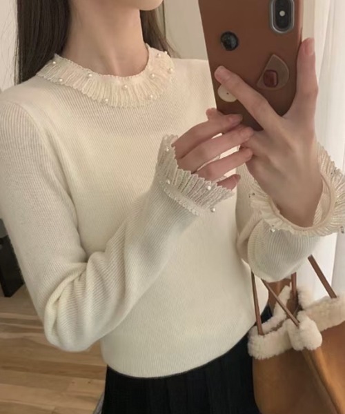 パール付き レースニット レース襟 トップス（ニット/セーター）｜COCOMOMO（ココモモ）