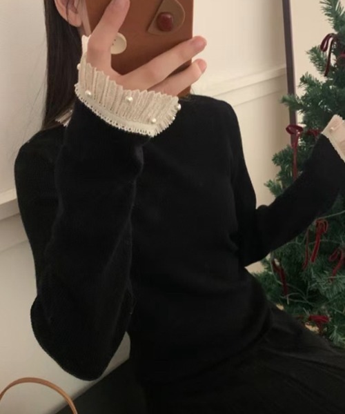 パール付き レースニット レース襟 トップス（ニット/セーター）｜COCOMOMO（ココモモ）