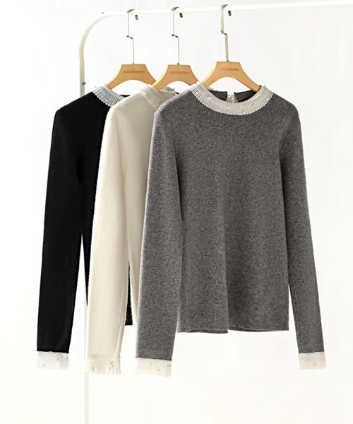 パール付き レースニット レース襟 トップス（ニット/セーター）｜COCOMOMO（ココモモ）