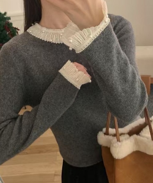 パール付き レースニット レース襟 トップス（ニット/セーター）｜COCOMOMO（ココモモ）