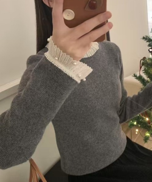 パール付き レースニット レース襟 トップス（ニット/セーター）｜COCOMOMO（ココモモ）