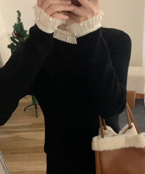 パール付き レースニット レース襟 トップス（ニット/セーター）｜COCOMOMO（ココモモ）