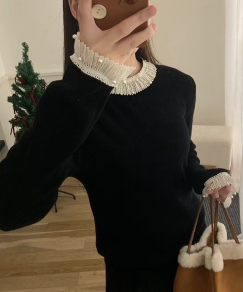 パール付き レースニット レース襟 トップス（ニット/セーター）｜COCOMOMO（ココモモ）