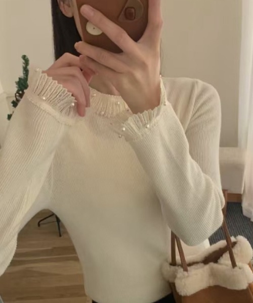 パール付き レースニット レース襟 トップス（ニット/セーター）｜COCOMOMO（ココモモ）