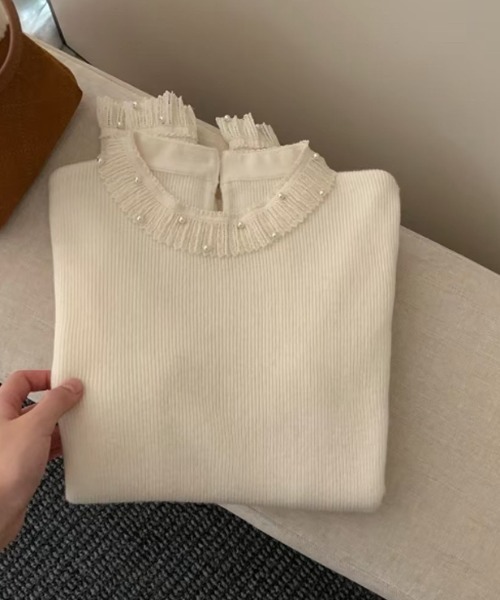 パール付き レースニット レース襟 トップス（ニット/セーター）｜COCOMOMO（ココモモ）