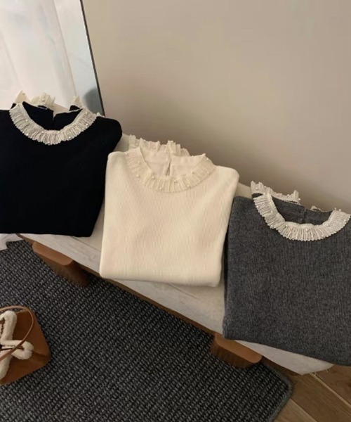 パール付き レースニット レース襟 トップス（ニット/セーター）｜COCOMOMO（ココモモ）