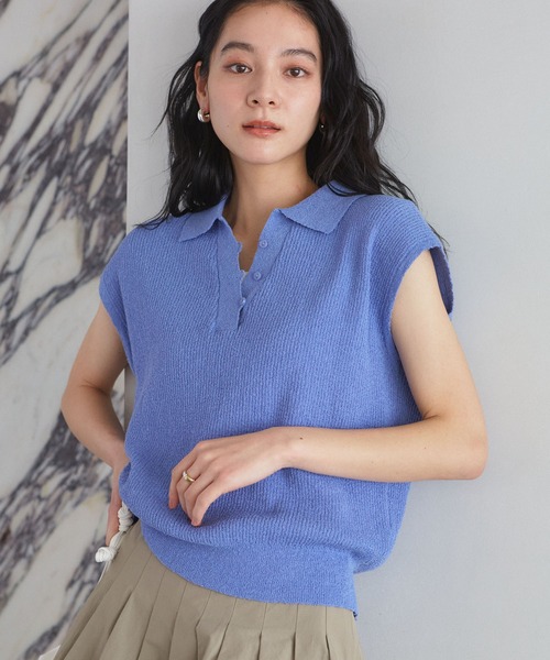 VIS(ビス)の「【WEB限定】スキッパーサマーニット【洗える】(ニット/セーター・レディース・ブラック/サックスブルー/オフホワイト・FREE)」の1枚目の写真