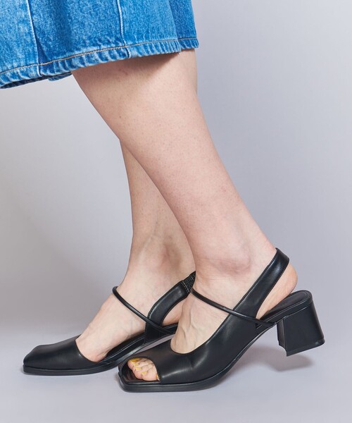 【30％OFF】 レザーライク オープントゥ バックストラップミュール（サンダル 靴
