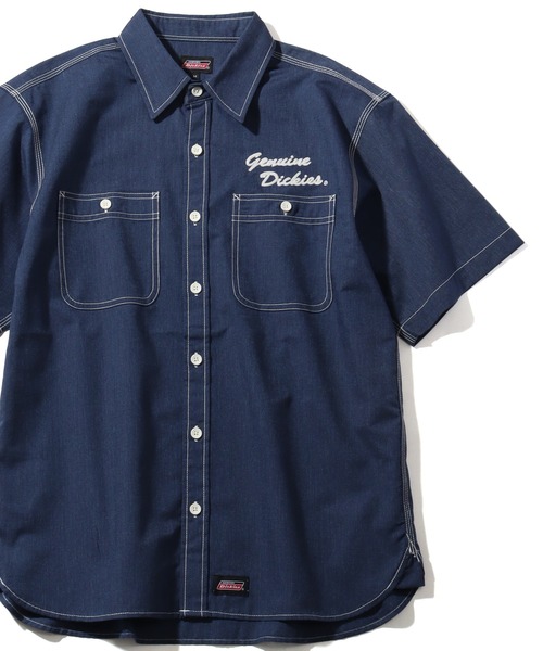 Dickies（ディッキーズ）の「【GENUINE DICKIES/ジェニュインディッキーズ】 配色ステッチ 刺繍ロゴ 半袖オックスシャツ（シャツ/ブラウス・メンズ・ネイビー/コバルトブルー・M/XL/L）」の2枚目の写真