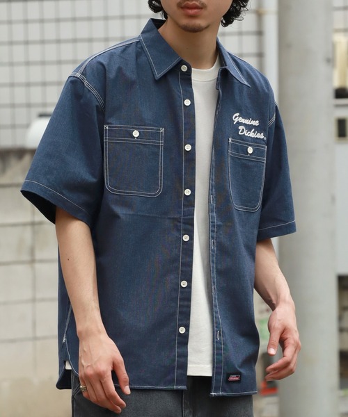 Dickies（ディッキーズ）の「【GENUINE DICKIES/ジェニュインディッキーズ】 配色ステッチ 刺繍ロゴ 半袖オックスシャツ（シャツ/ブラウス・メンズ・ネイビー/コバルトブルー・M/XL/L）」の14枚目の写真