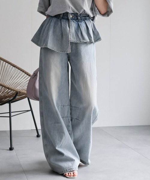 CREARE -LINO-(クレアーレリノ)の「<レディース商品>プリーツレイヤードデザインデニムパンツ(デニムパンツ・レディース・ブルー/ブラック・XL/L/M)」の2枚目の写真