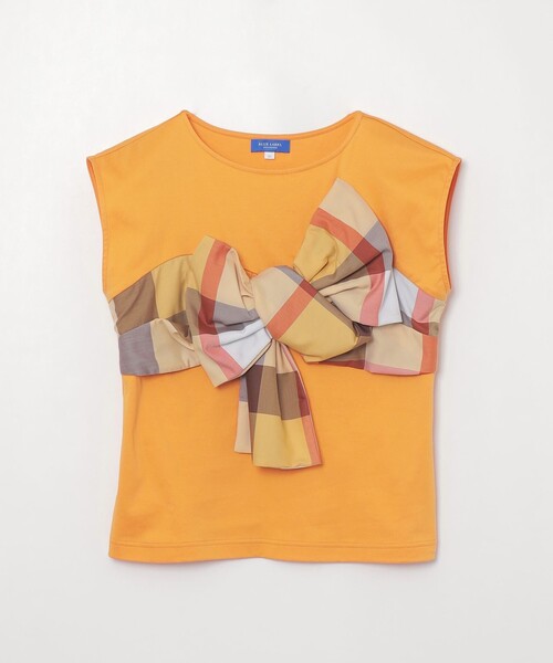 美品✨ブルーレーベルクレストブリッジ Tシャツ　カットソー　リボン　チェック セール】コンパクトピマスムースチェックリボンTシャツ（Tシャツ
