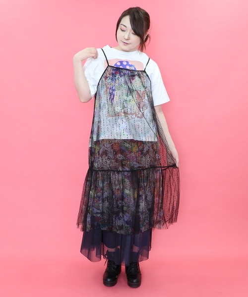 ScoLar（スカラー）の「151665：女の子・ネコ・メルヘン3柄展開 シアーキャミワンピース（ワンピース・レディース・ブラック/パープル/アイボリー・M）」の2枚目の写真