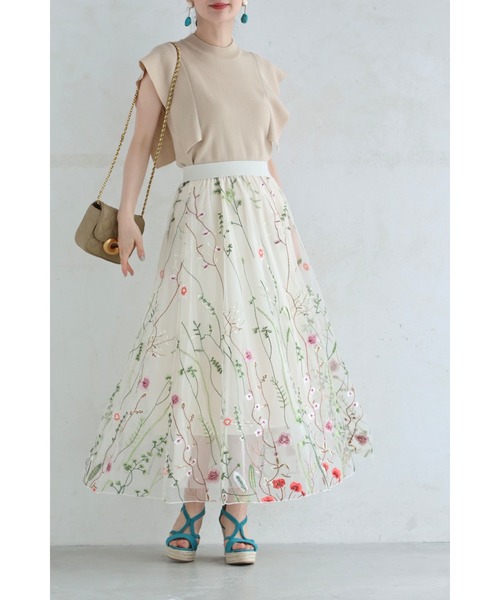 cawaii（カワイイ）の「一面に広がる花刺繍チュールミディアムスカート（スカート・レディース・アイボリー/ピンク・FREE）」の6枚目の写真