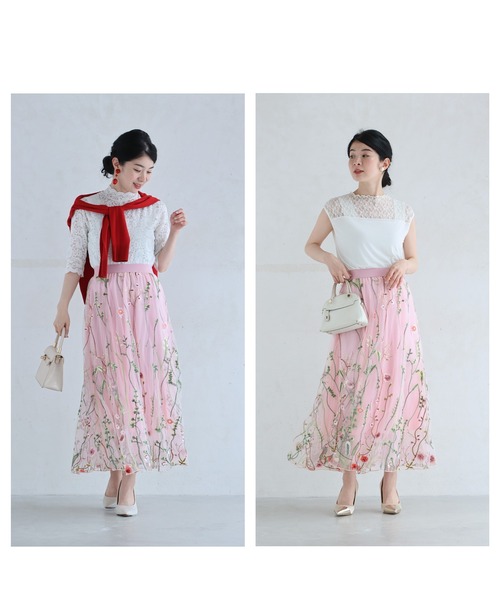 cawaii（カワイイ）の「一面に広がる花刺繍チュールミディアムスカート（スカート・レディース・アイボリー/ピンク・FREE）」の10枚目の写真