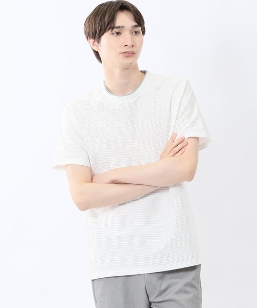 m.f.editorial(エムエフエディトリアル)の「【綿混】m.f.エディトリアル メンズ ピンタックボーダー クルーネック 半袖 Tシャツ(Tシャツ/カットソー・メンズ・ブルー/ホワイト/ライトグレー/ホワイト×ブラック・LARGE/MEDIUM/X-LARGE)」の2枚目の写真