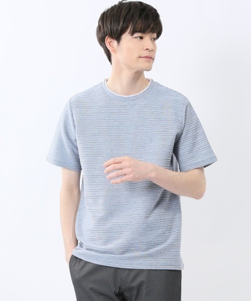 m.f.editorial(エムエフエディトリアル)の「【綿混】m.f.エディトリアル メンズ ピンタックボーダー クルーネック 半袖 Tシャツ(Tシャツ/カットソー・メンズ・ブルー/ホワイト/ライトグレー/ホワイト×ブラック・LARGE/MEDIUM/X-LARGE)」の4枚目の写真