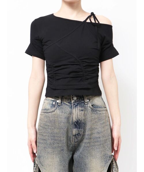 EMODA（エモダ）の「アシンメトリーギャザーレイヤートップ（Tシャツ/カットソー・レディース・グレー/ブラック/ホワイト/レッド・FREE）」の7枚目の写真