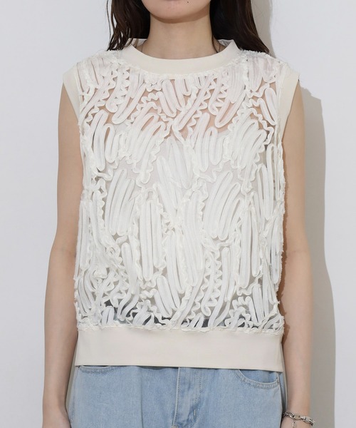BRODIAEA(ブローディア)の「BRODIAEA 【アンサンブル対応】立体レースシアーノースリーブトップス(Tシャツ/カットソー・レディース・ブラック/アイボリー/オフホワイト・40)」の16枚目の写真